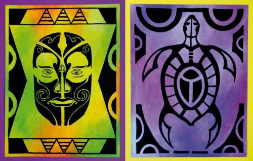 Maske und Zeichen inspiriert durch die Kunst der neuseeländischen Maori (Acryl auf Papier), HOPP´s MAL Kunstschule