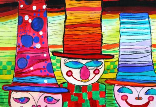 Herren mit Hüten, Acrylfarbe auf Papier nach Friedensreich HUndertwasser, HOPP´s MAL Kunstschule