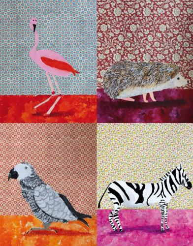 Tiere im Wohnzimmer, Collage (Acrylfarbe und Geschenkpapier auf Papier), HOPP´s MAL Kunstschule