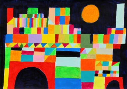 Stadt aus geometrischen Formen nach Paul Klee (Acryl auf Papier), HOPP´s MAL Kunstschule