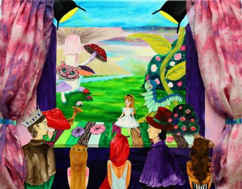 Theaterbühne, Collage (Acrylfarbe auf Leinwand, Pappe, Buntstifte, Stoff), HOPP´s MAL Kunstschule