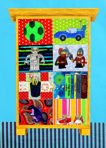 Regal mit Spielzeug, Collage (Acryl, Geschenkpapiere, Buntstifte, Filzstifte auf Papier), HOPP´s MAL Kunstschule